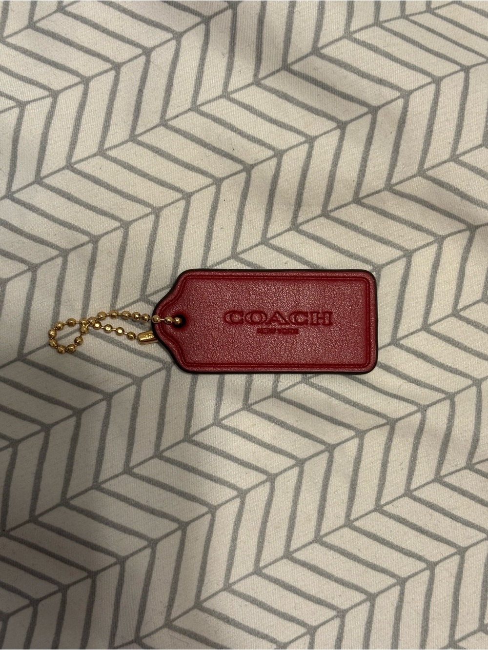 Coach Red with Black Trimming Leather Embossed Tag Keychain with Gold Chain